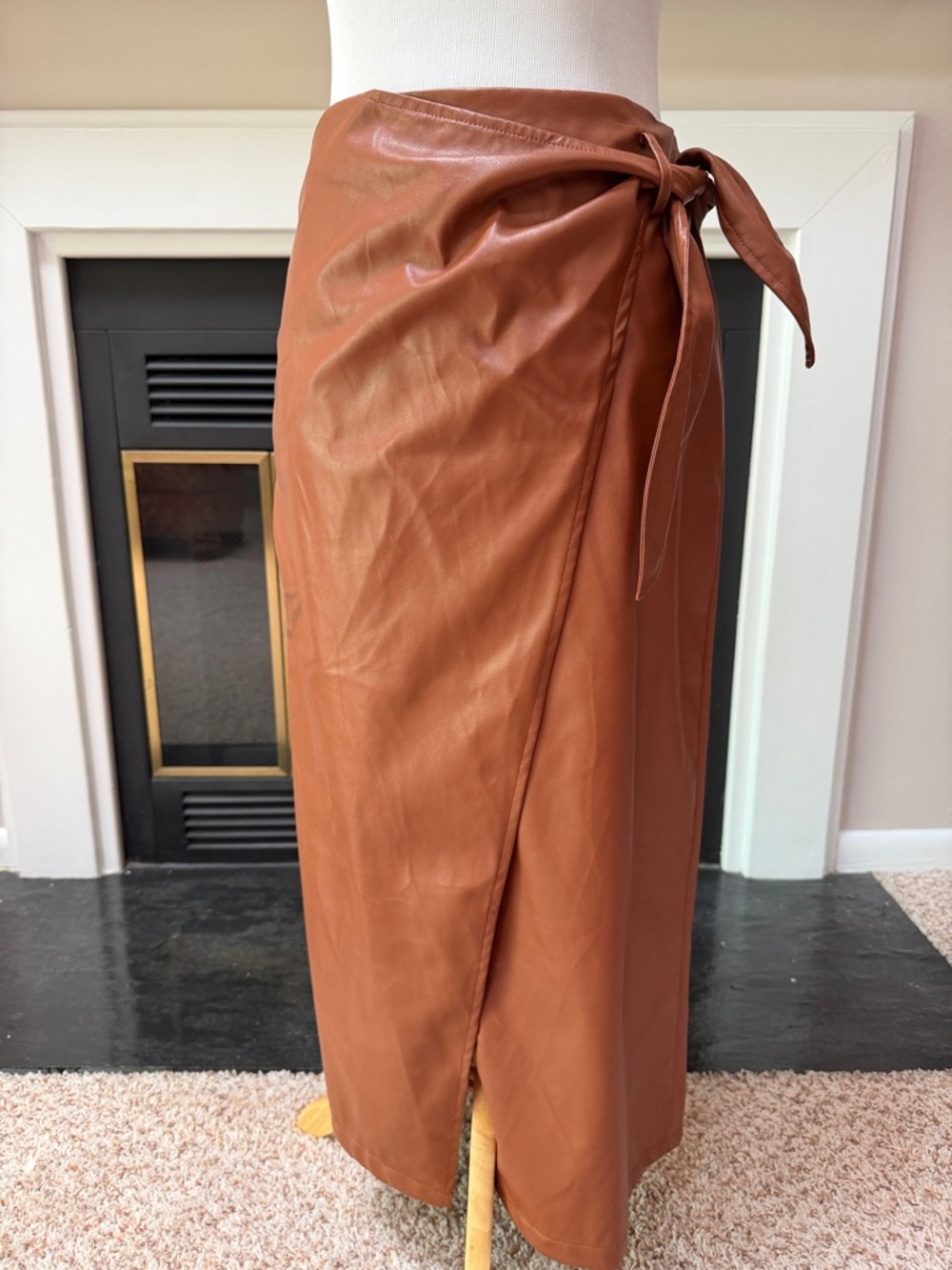 Women’s Faux Leather Wrap Midi Skirt in Rust